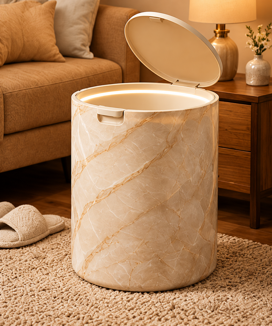 Marble Vein Round Lidded Waste Bin