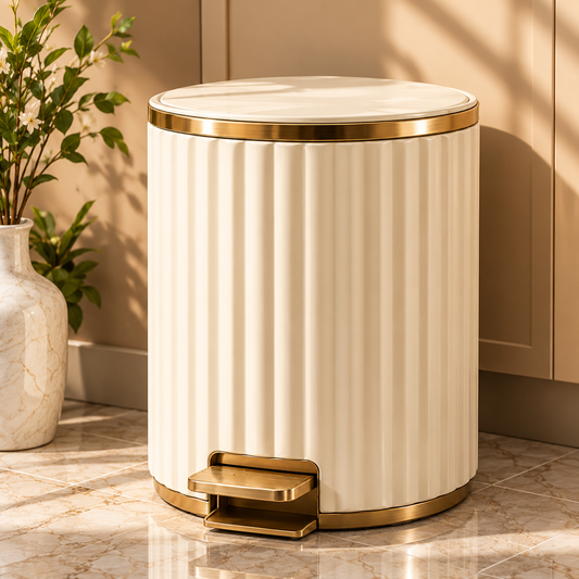Ivory Fluted Gold-Trim Pedal Waste Bin